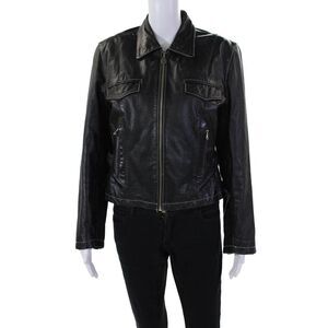 Colebrook & Co Womens Leather Long Sleeve Collared Zippered Jacket Black Size L
